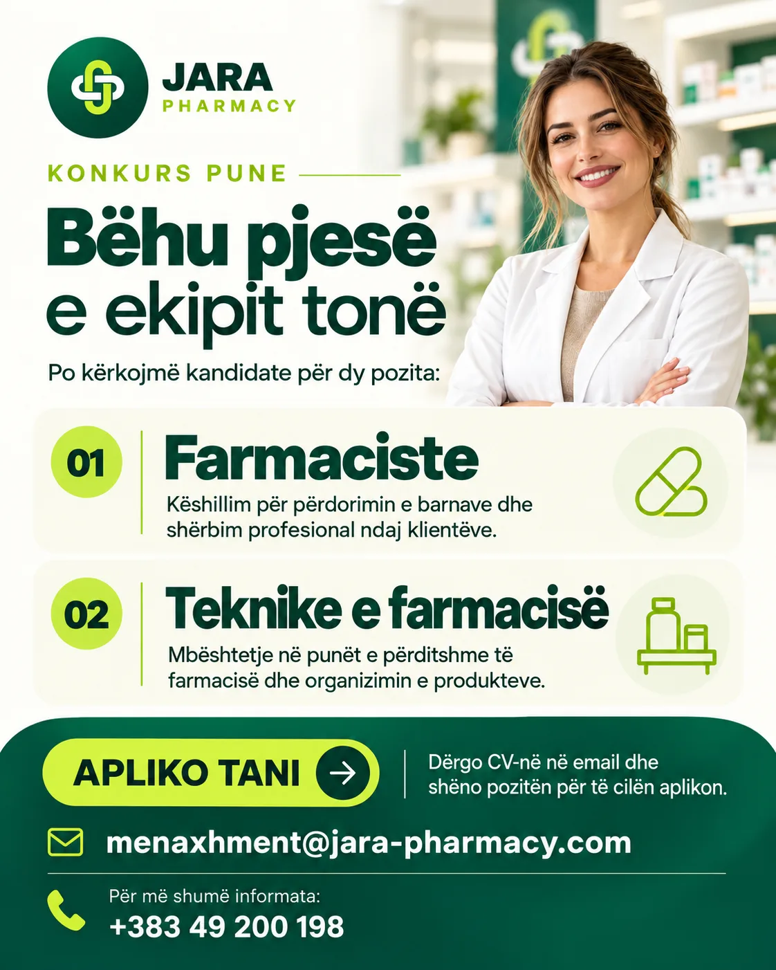 Plakati «Konkurs pune» i Jara Pharmacy: farmaciste dhe teknike e farmacisë — CV-ja në email, informata në telefon.